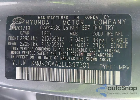 2020 Hyundai Kona Sel z USA, uszkodzony, nr VIN KM8K2CAA2LU397201